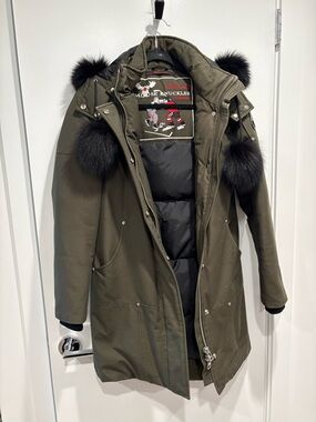 Moose Knuckles Olive Green Parka with Black Fur Trim